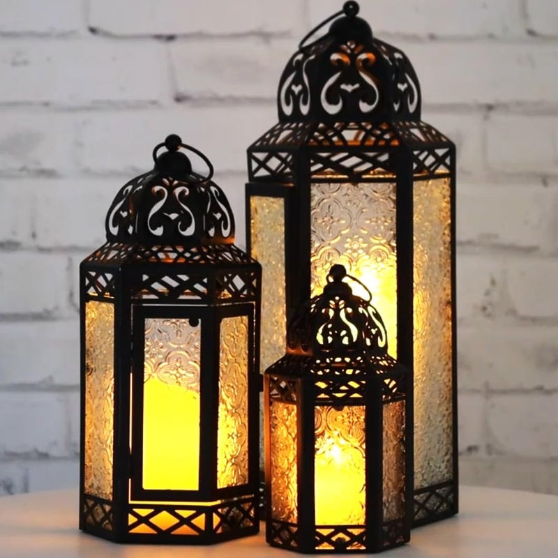 Vela Lanterns فوانيس فيلا المغربية مجموعة ديكورية من 3 لفرش الأرض، زينة رمضان، ديكور داخلي للمنزل، فناء خارجي أو شرفة، حفلات الزفاف، شفاف - Image 2
